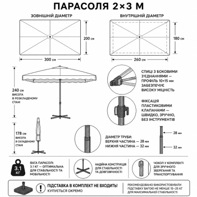 Парасоля Monsen 2×3 м для торгівлі з УФ-захистом, клапаном №0