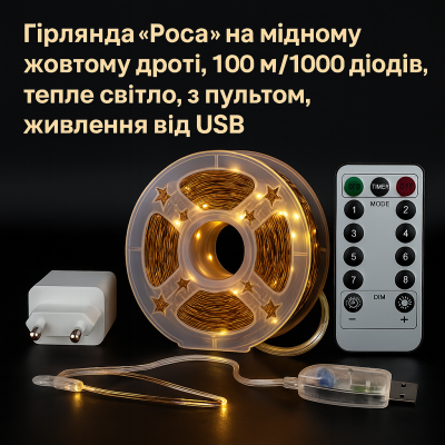 Гірлянда Роса 100 м/1000 High-Brightness LED, IP44, тепле світло, USB + пульт №0