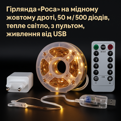 Гірлянда Роса 50 м/500 High-Brightness LED, IP44, тепле світло, USB + пульт №0