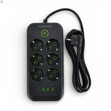 Підовжувач мережевий ТК-5 F06u 3м 6 розеток + 3USB + 1 Type-C, 2500Вт, чорний, із захистом та кріпленням
