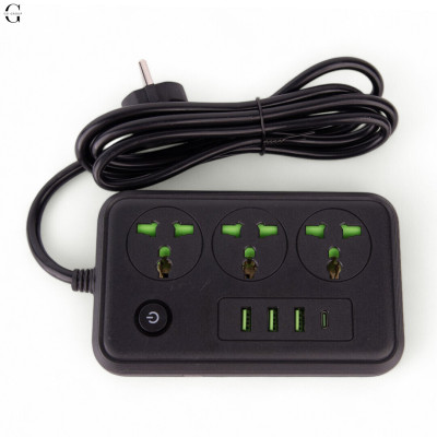 Подовжувач електричний (3×220В+3×USB+1×Type-C), QL-1074U, Чорний 2m №0