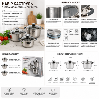 Набор кастрюль Benson BN-190 (ёмкость 2,1 л, 2,9 л, 3,9 л) №0