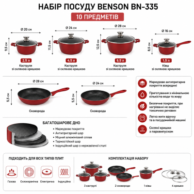 Набор посуды с мраморным антипригарным покрытием Benson BN-335 №0