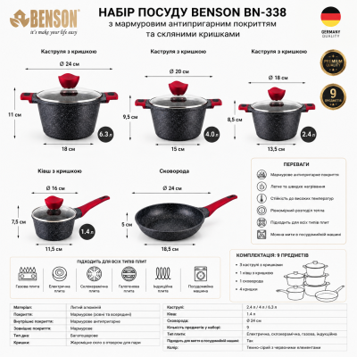 Набор посуды с мраморным антипригарным покрытием "Чешуя" Benson BN-338 №0