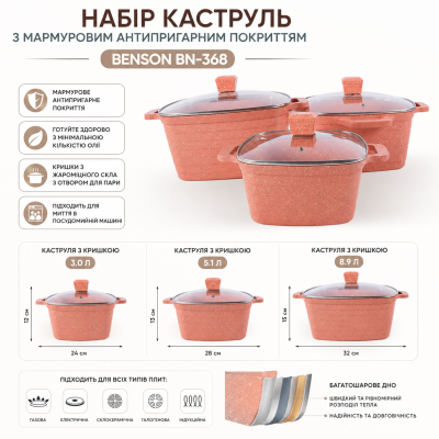 Набор кастрюль с мраморным антипригарным покрытием Benson BN-368 №0