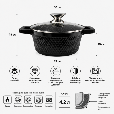 Кастрюля с крышкой с антипригарным покрытием Benson BN-392 4.2л №0