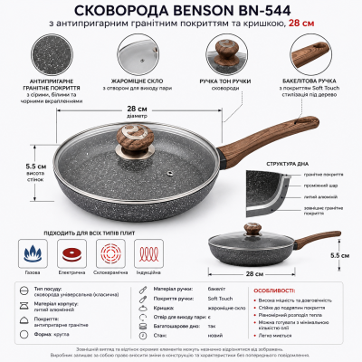 Сковорода з антипригарним гранітним покриттям Benson BN-544 Ø28 №0