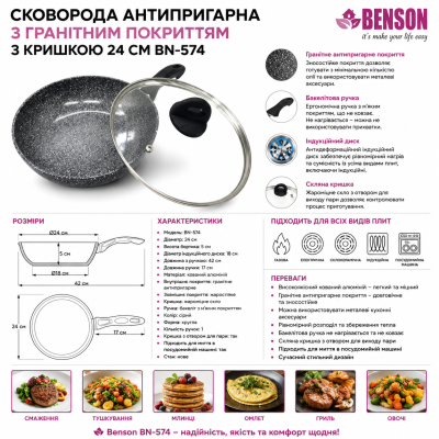 Антипригарная сковорода Гранитное покрытие с крышкой 24 см BN-574 №0