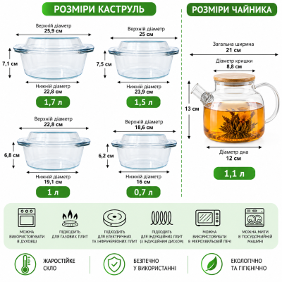 Набор стеклянных кастрюль 4+4+ чайник для плит и духовок. №0