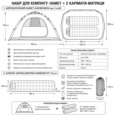 Набор для кемпинга: автоматическая палатка + 2 каримата-матраса Bestway WanderLite™ №0