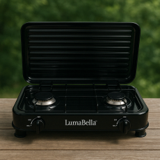 Настільна газова плита LumaBella LB-57006, 2 конфорки, 4,4 кВт, чавунні решітки, для балонного газу, з кришкою