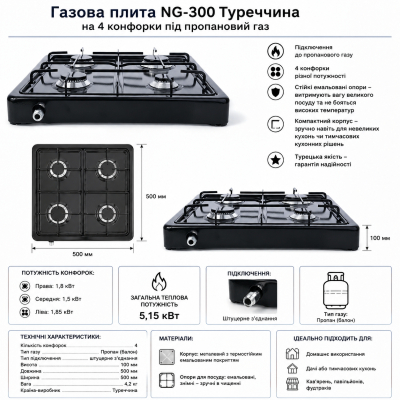 Газова плита Турція(4 конфорки) NG-300 під пропановий газ  №0