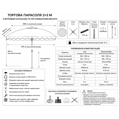 Прямоугольный садовый зонтик 2х3 м Monaco с ветровым клапаном, фибергласовым каркасом и регулировкой высоты. №0