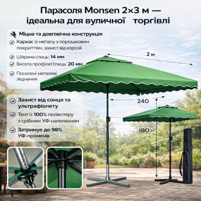 Прямоугольный зонт 2×3 м для рынка и уличной торговли, устойчивая конструкция, вес 3.5 кг №0