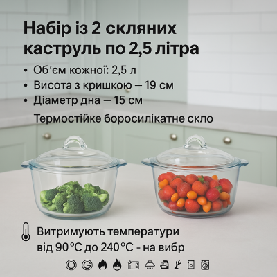 Набір скляних кастрюль із жароміцного скла №0