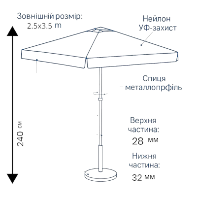 Парасолька Monsen 2.5×3.5 м PRO з срібним тентом, УФ-захистом, вітровим клапаном і чохлом №0