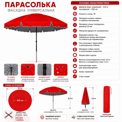 Профессиональный торговый зонт Monsen 2,5м Красный | Надежная защита и стильный дизайн №0