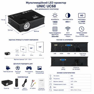 Проектор Мультимедійний Wi-Fi UNIC UC68 BK, домашній кінотеатр 1800 люмен, світлодіодний проектор HD 1080p №0