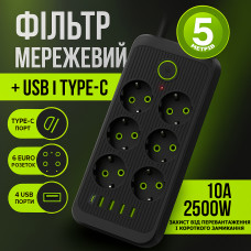 Підовжувач мережевий Тк-8 5 м (6×220В+4×USB+1×Type-C), F06u 2500Вт, чорний, із захистом та настінним кріпленням