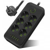 Удлинитель сетевой Тк-8 5 м (6×220В+4×USB+1×Type-C), F06u 2500Вт, черный, с защитой и настенным креплением