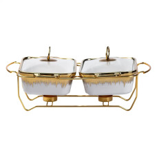 Керамічна мармітниця на 2 секції по 1 л із золотистою підставкою та скляними кришками 