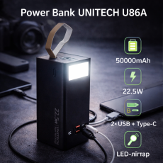 Power Bank UNITECH U86A 50000mAh 22.5W, 2×USB + Type-C,