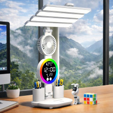 Складная настольная LED лампа с вентилятором, временами и органайзером для ручек, сенсорное управление.