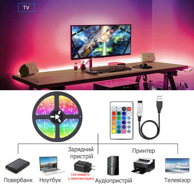 Світлодіодна стрічка 5050 RGB - 16 кольорів, IP65, 55 люмен, 9000 годин роботи від USB 5V з Bluetooth та мобільним додатком №1