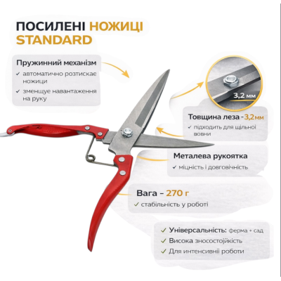 Ножиці для стрижки овець та саду FEEl Long Wool Shears STANDARD з пружиною, металеві 3.2 мм №0