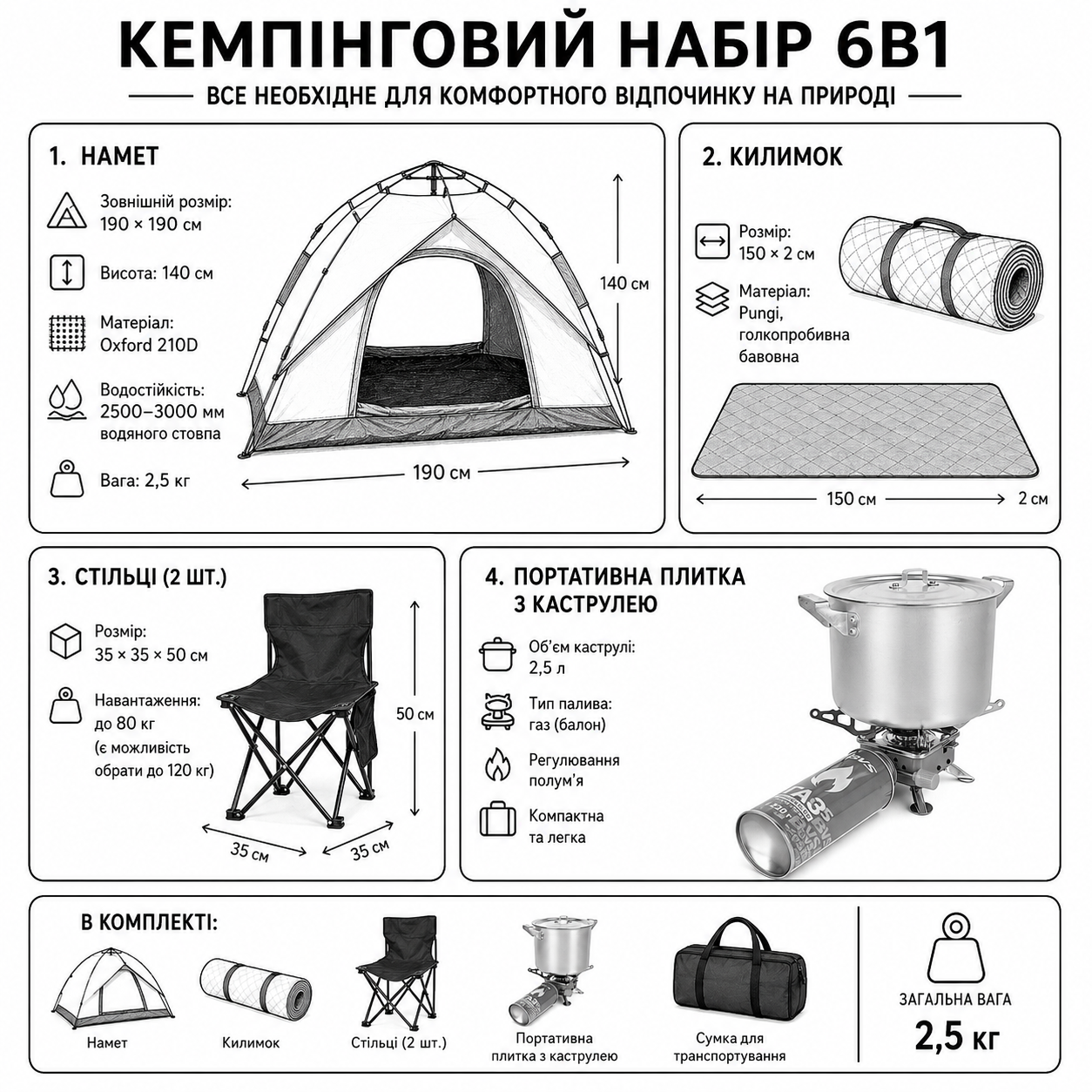 Набор для кемпинга и рыбалки 6в1.