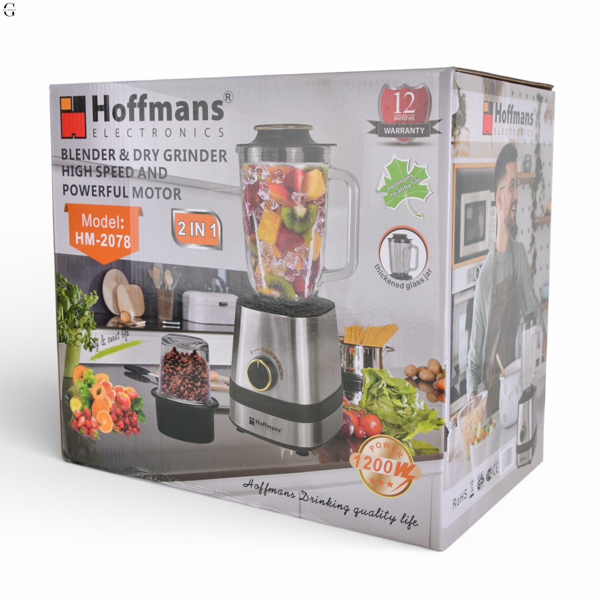Блендер кухонний 2в1 Hoffmans HM-2078 1200Вт зі скляною чашею та подрібнювачем кави і спецій