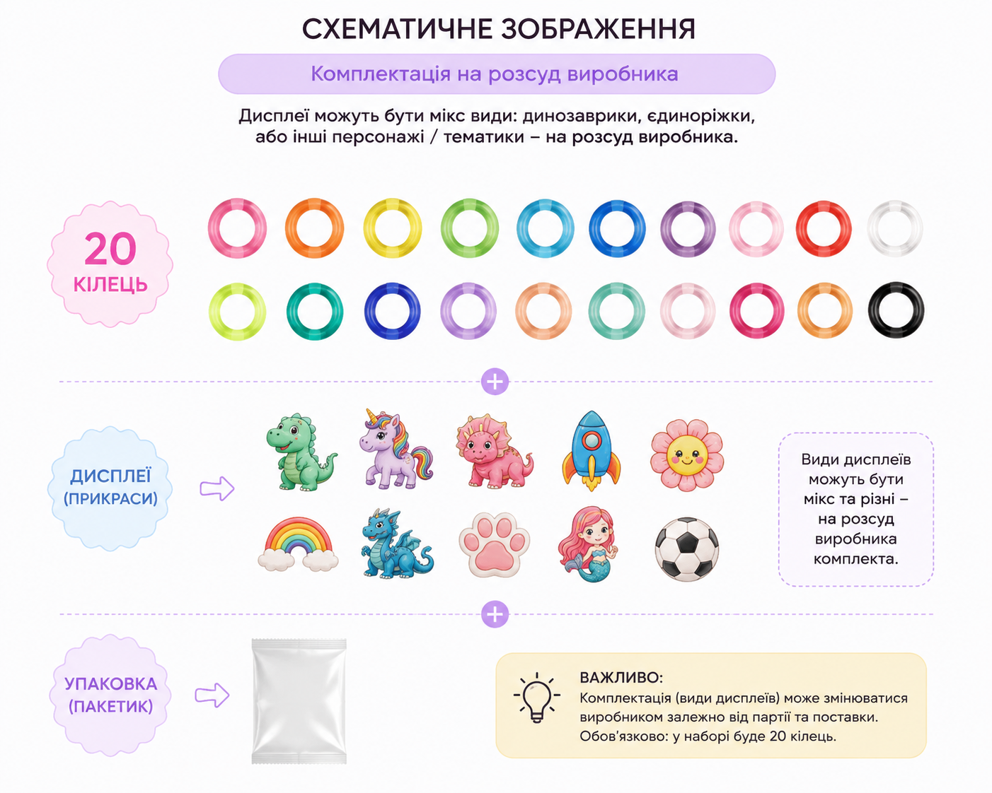 Набор детских колец «Единороги» – 20 декоративных колец в подарочной коробке-сердце.