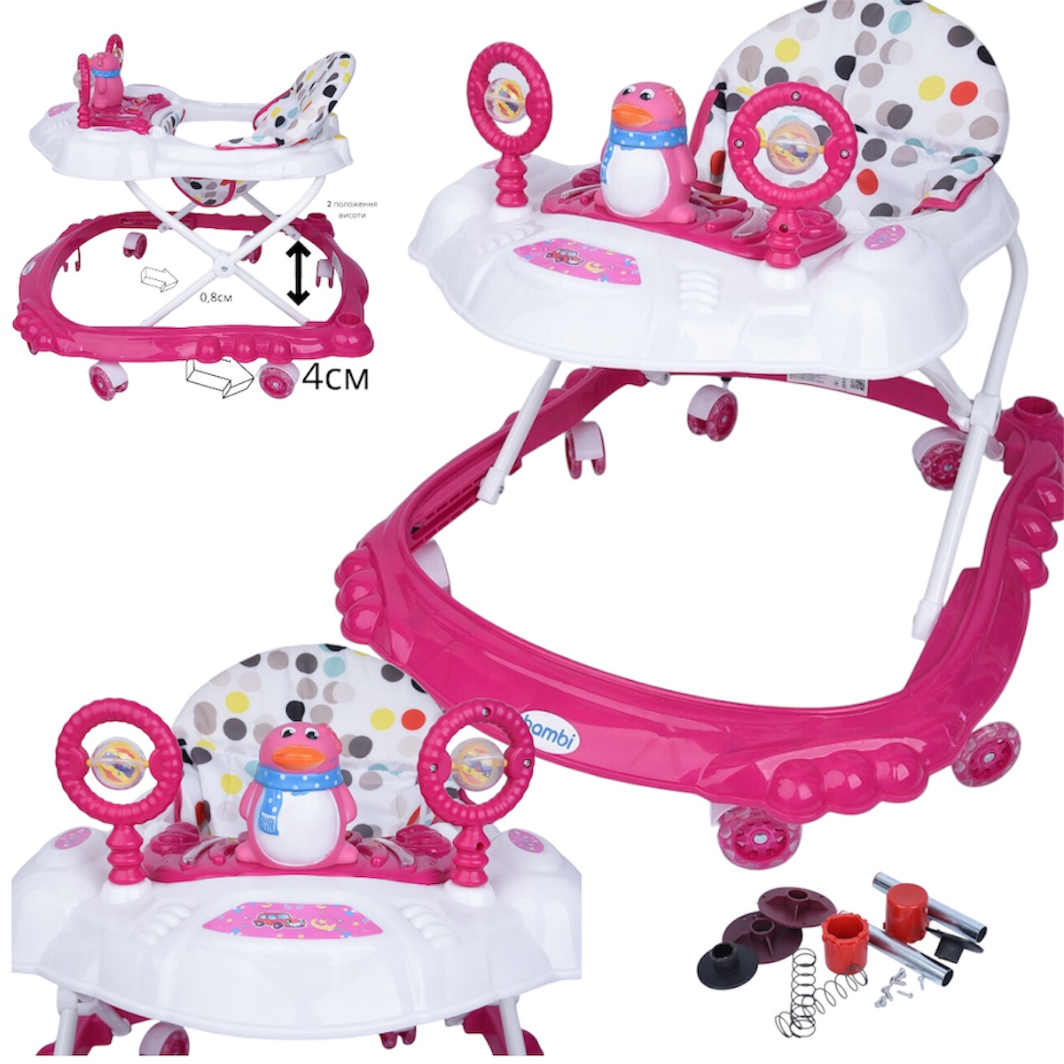 Детские ходунки Bambi M3168 Penguin Бело-Розовый