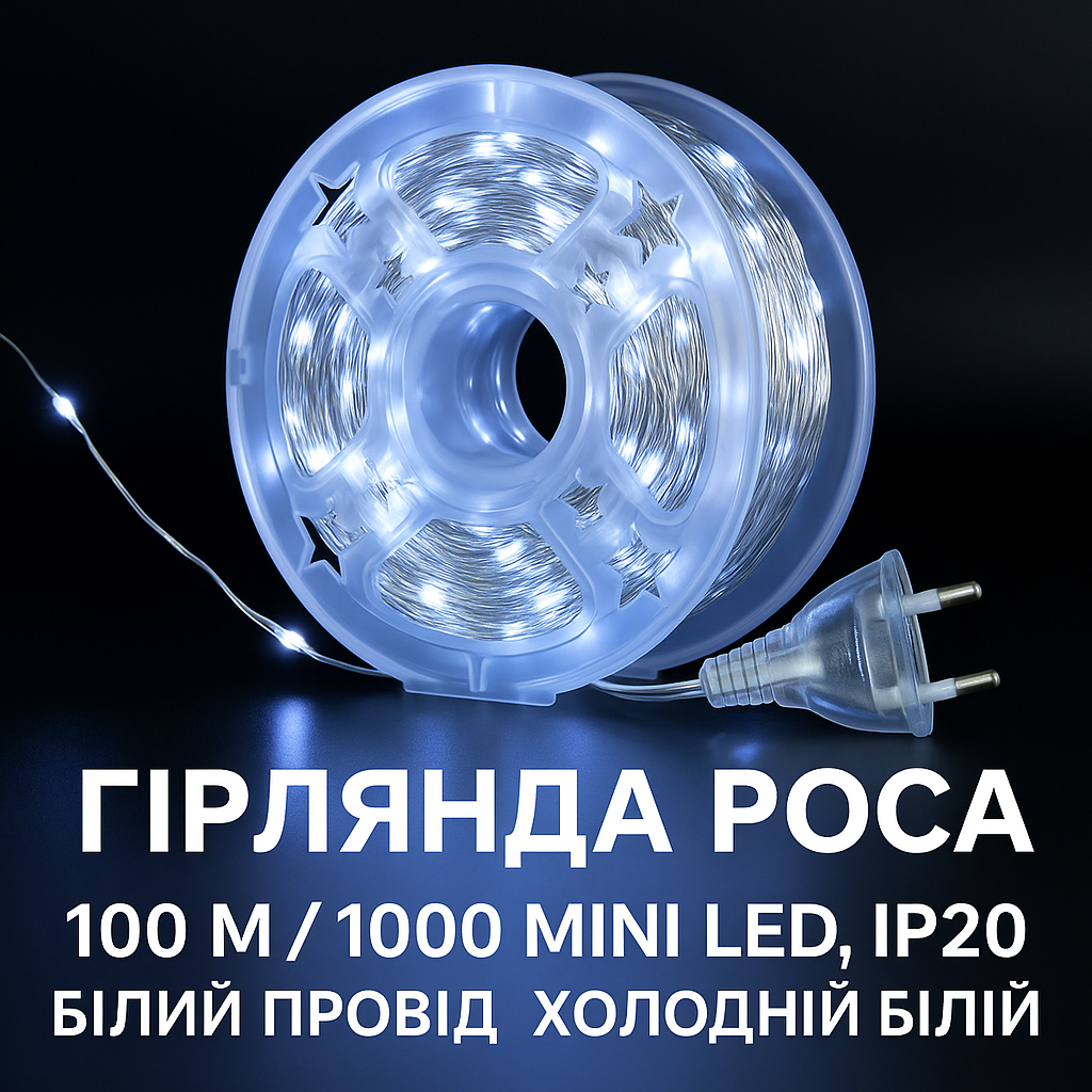 Гірлянда Роса Крапля 100 метров 1000 LED світлодіодна гірлянда в котушці мідний провід  Білий