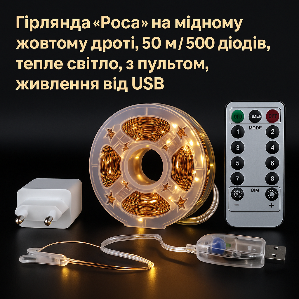 Гірлянда Роса 50 м/500 High-Brightness LED, IP44, тепле світло, USB + пульт