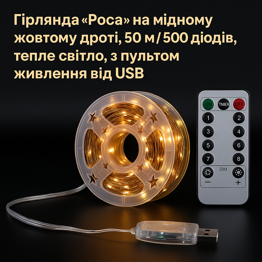 Гірлянда Роса 50 м/500 Mini-LED, тепле світло, USB + пульт