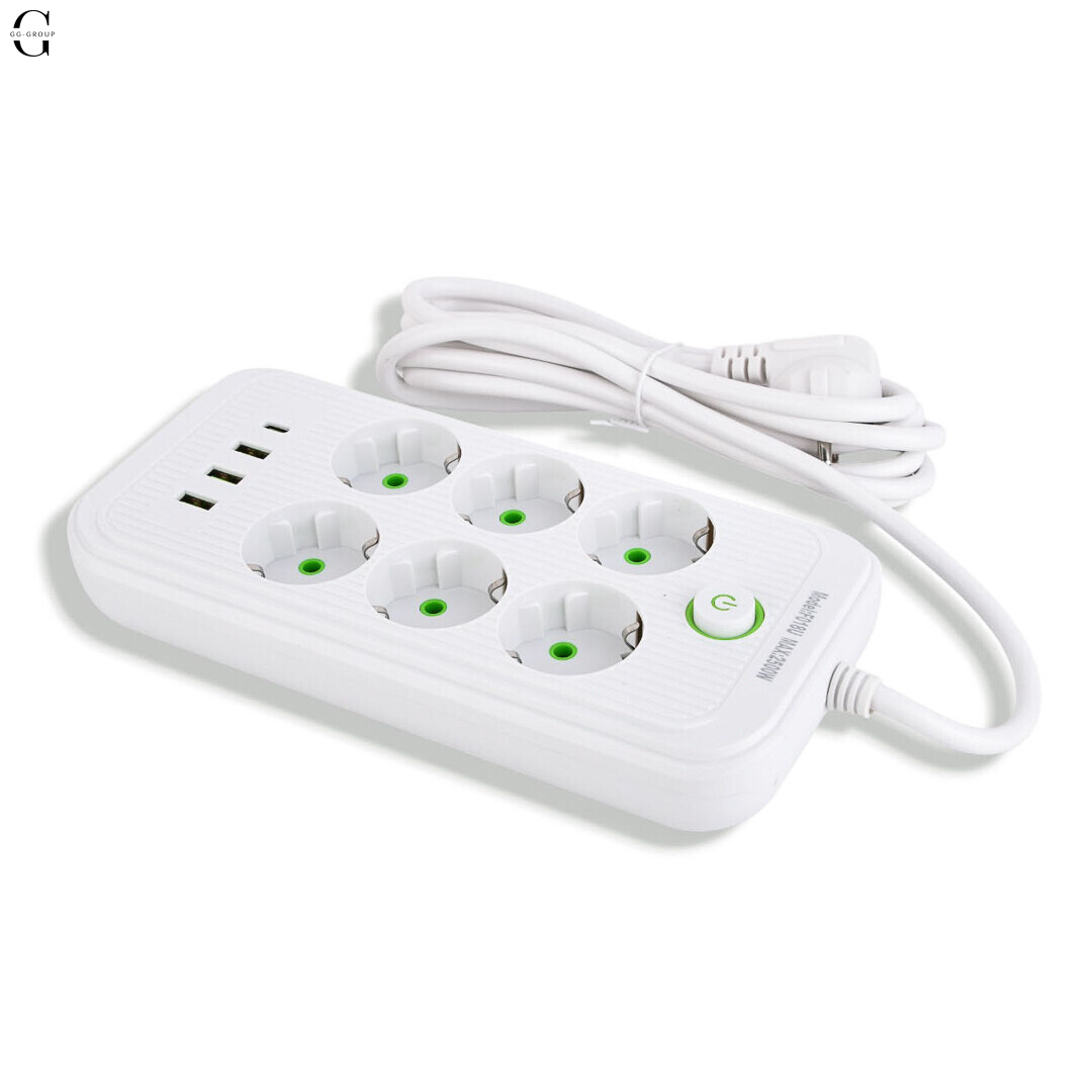 Підовжувач мережевий ТК-5 F06u 3м 6 розеток + 3USB + 1 Type-C, 2500Вт, білий, із захистом та кріпленням