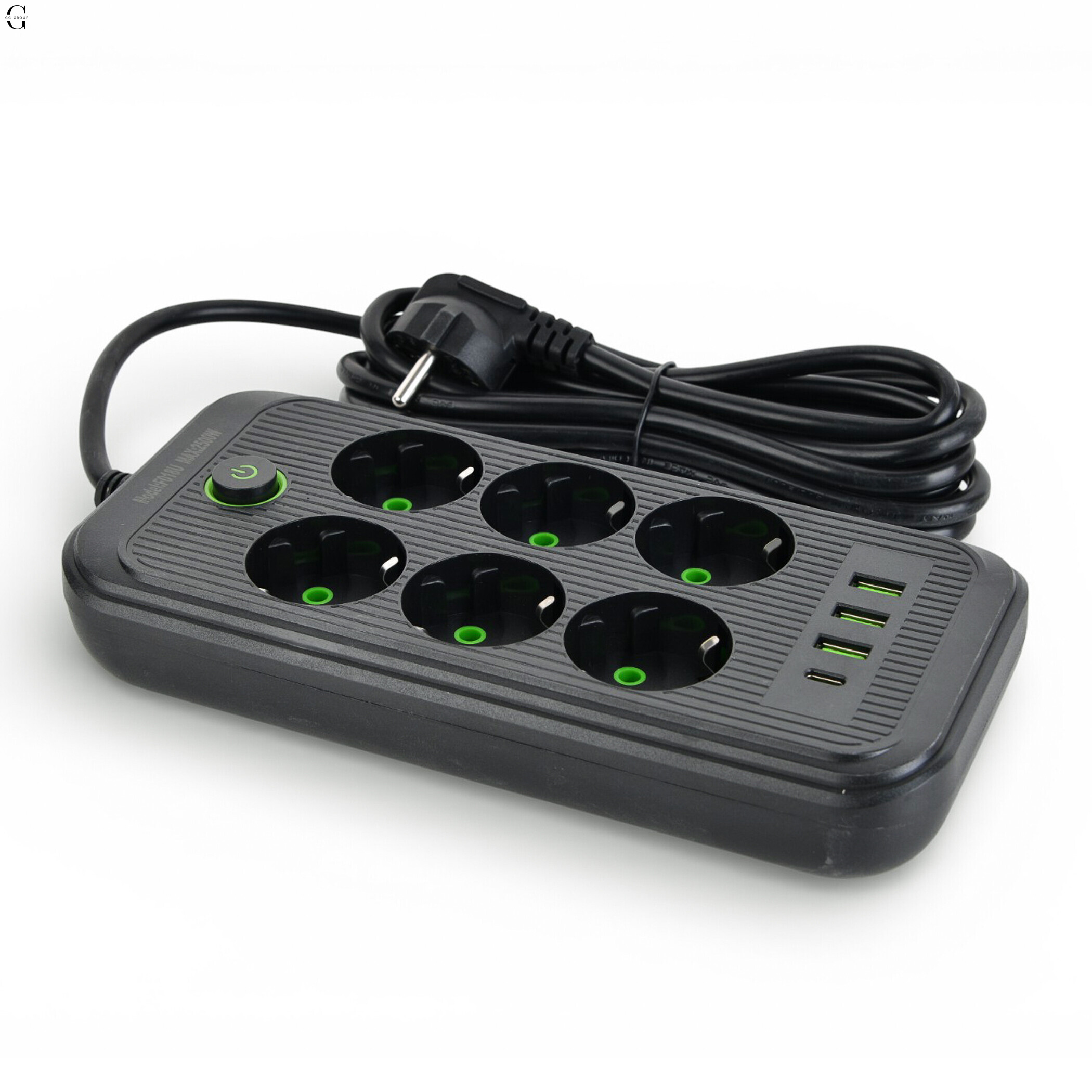 Удлинитель сетевой ТК-5 F06u 3м 6 розеток + 3USB + 1 Type-C, 2500Вт, черный, с защитой и креплением