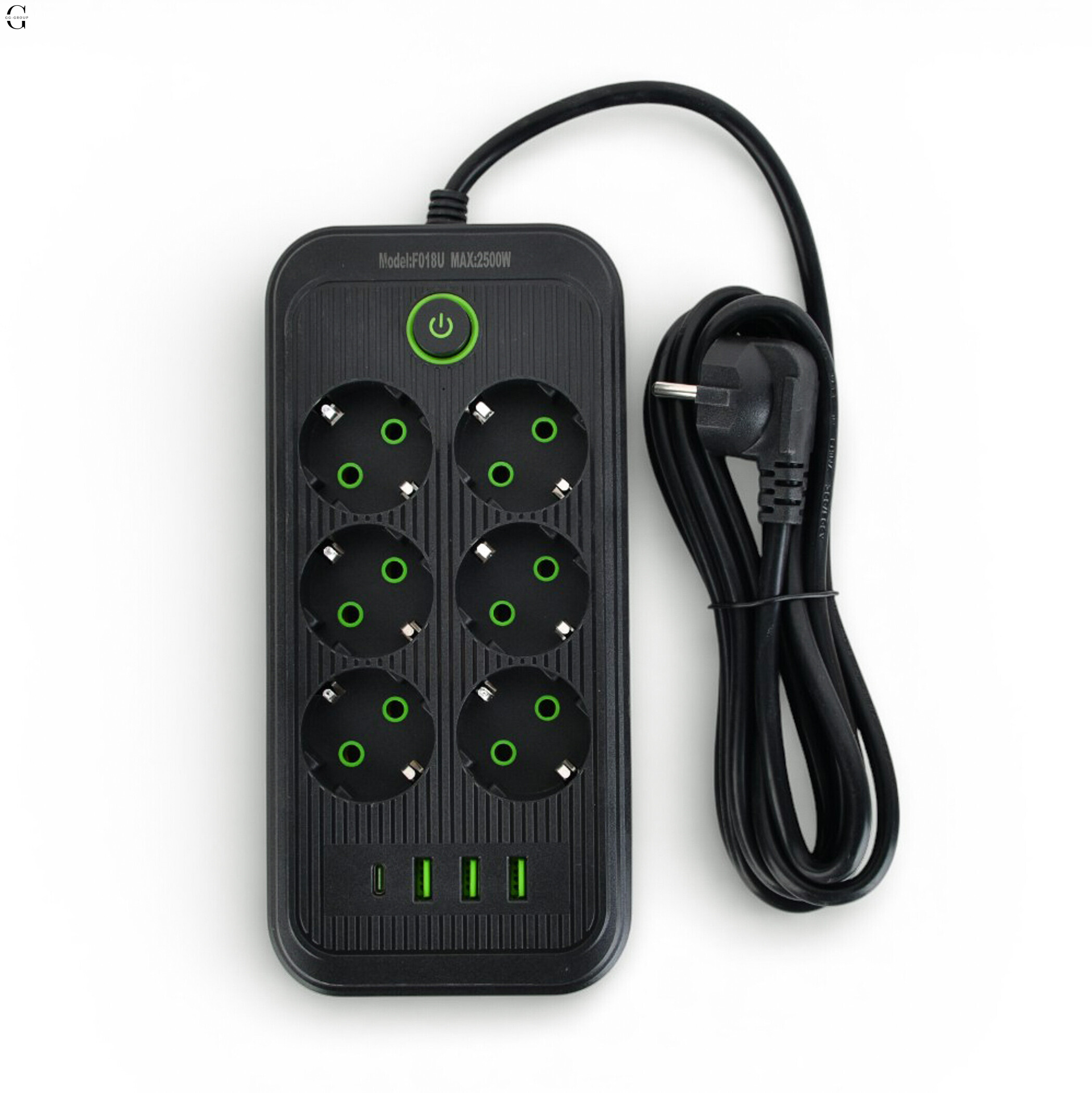 Удлинитель сетевой ТК-5 F06u 3м 6 розеток + 3USB + 1 Type-C, 2500Вт, черный, с защитой и креплением