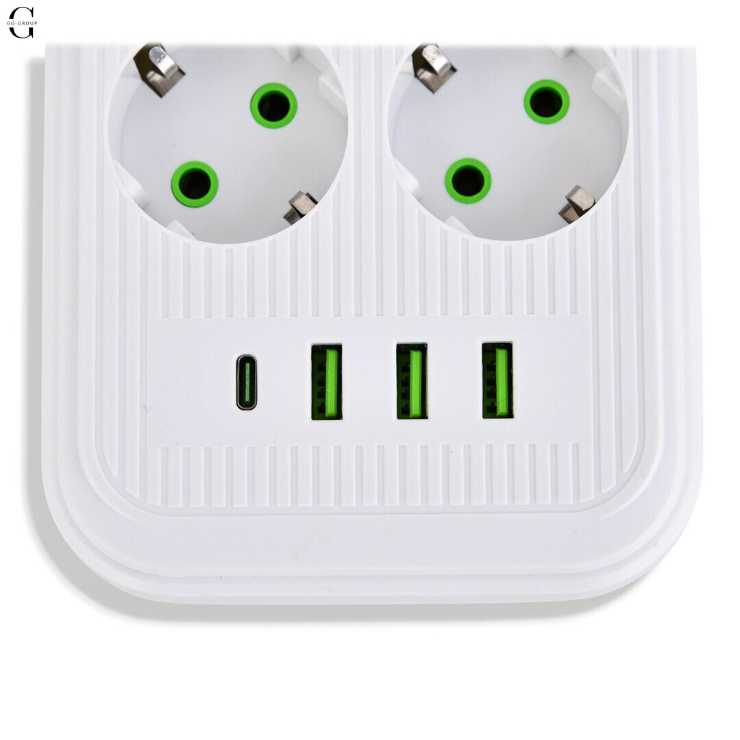 Підовжувач мережевий ТК-5 F06u 3м 6 розеток + 3USB + 1 Type-C, 2500Вт, білий, із захистом та кріпленням