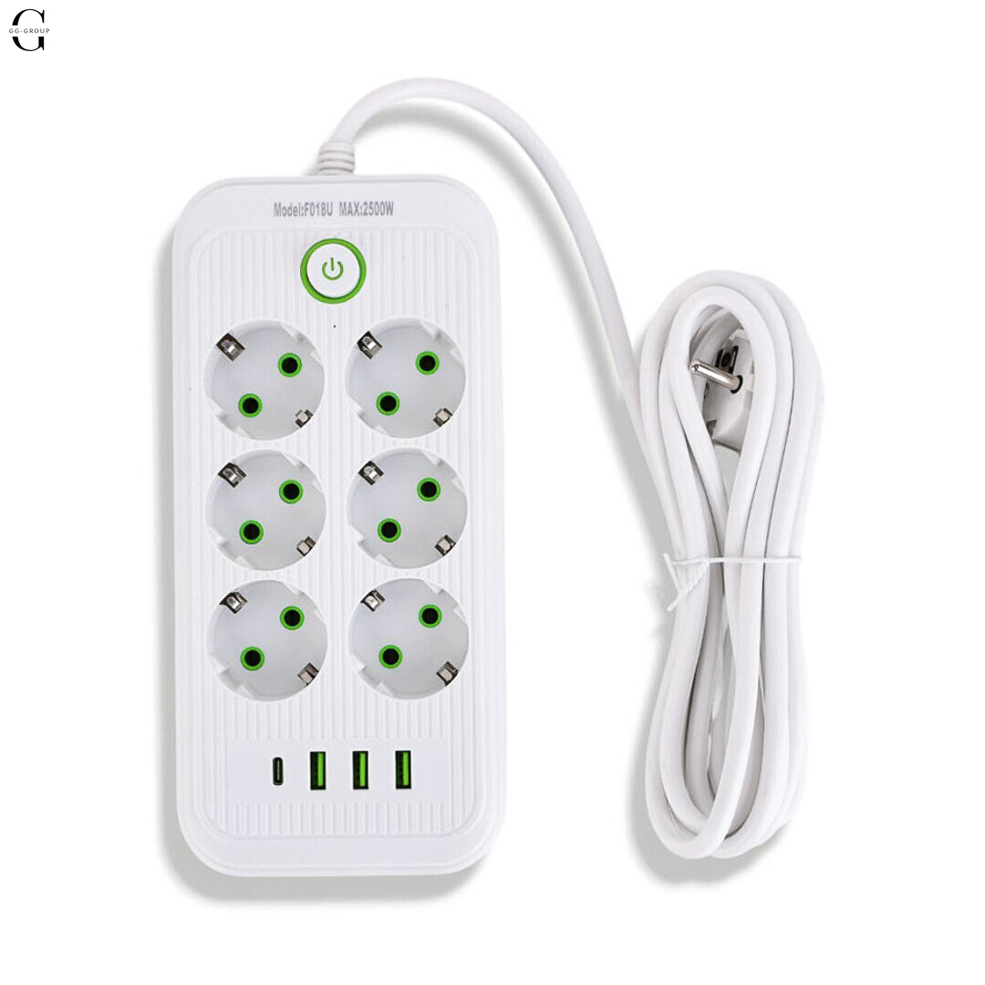 Підовжувач мережевий ТК-5 F06u 3м 6 розеток + 3USB + 1 Type-C, 2500Вт, білий, із захистом та кріпленням