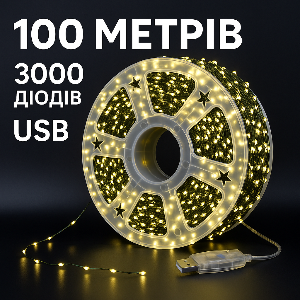 Гирлянда Роса Мишура 100м 3000 LED на зеленом медном проволоке с пультом USB