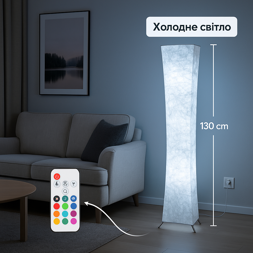 Торшер з LED підсвіткою 130 см, USB + адаптер, теплий/холодний світло, регулювання яскравості, пульт
