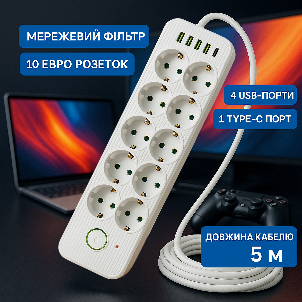Мережевий фільтр Подовжувач USB ТК-15 (10×220В+4×USB+1×Type-C), F26u, Білий, 5 м