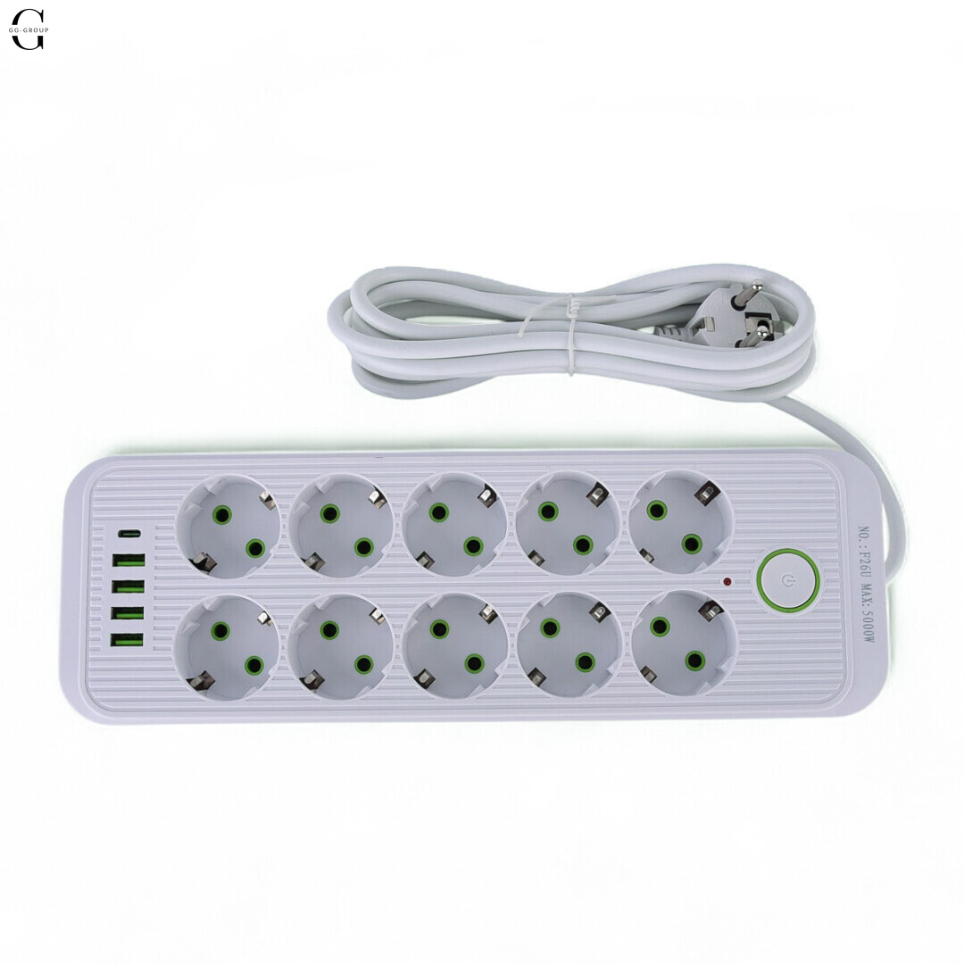 Мережевий фільтр Подовжувач USB ТК-13 (10×220В+4×USB+1×Type-C), F26u, Білий, 3 м