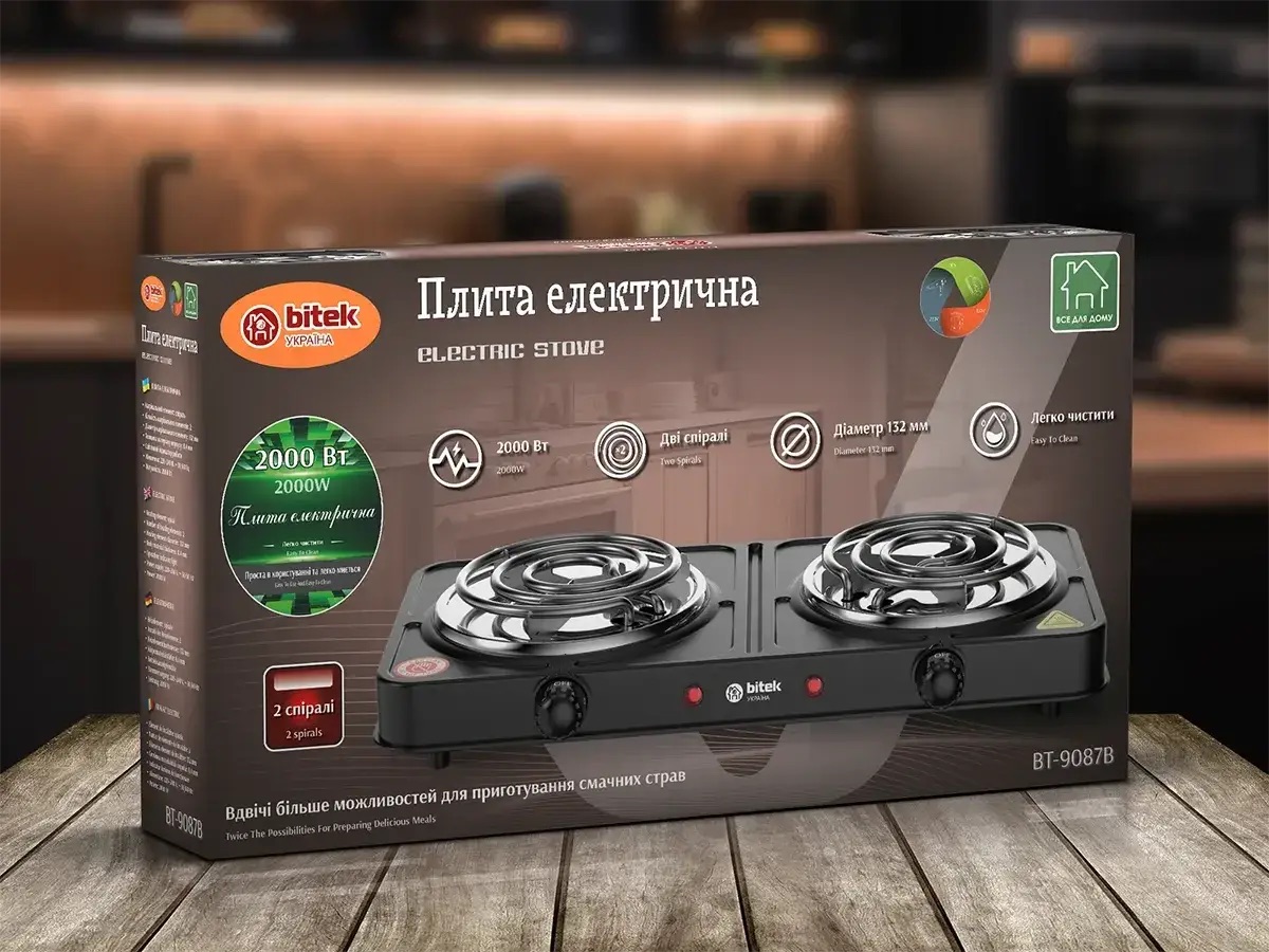 Электроплита настольная BITEK BT-9087B на 2 конфорки, 2000 Вт.