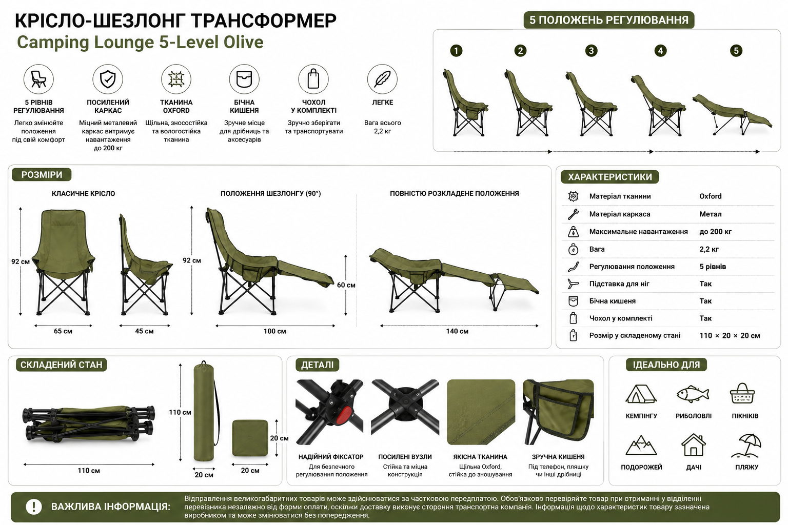 Сложное туристическое кресло-паук Compact Outdoor Chair 100 кг с черным чехлом.