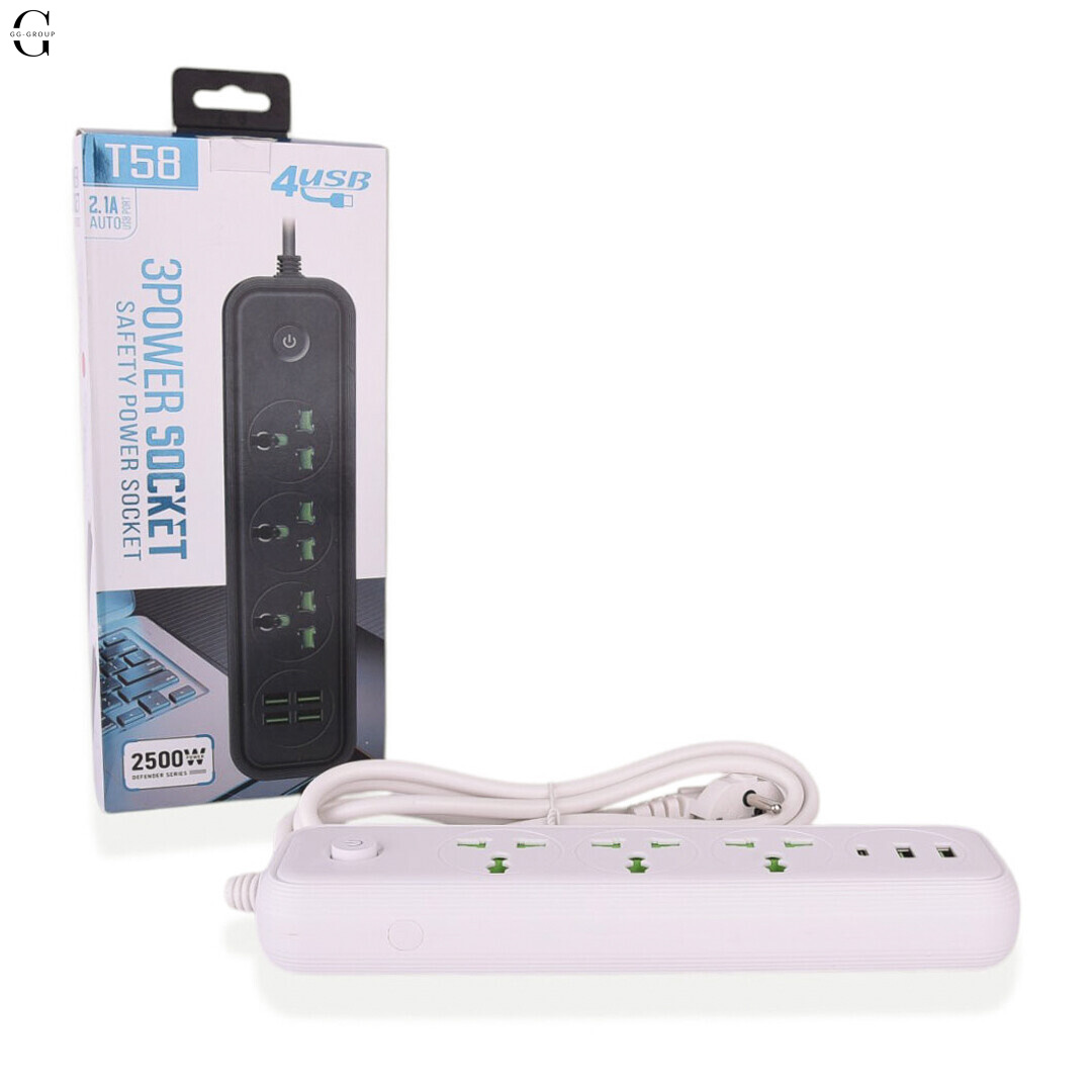 Сетевой фильтр Удлинитель USB Т-58 (3×220В+2×USB+1×Type-C),2m