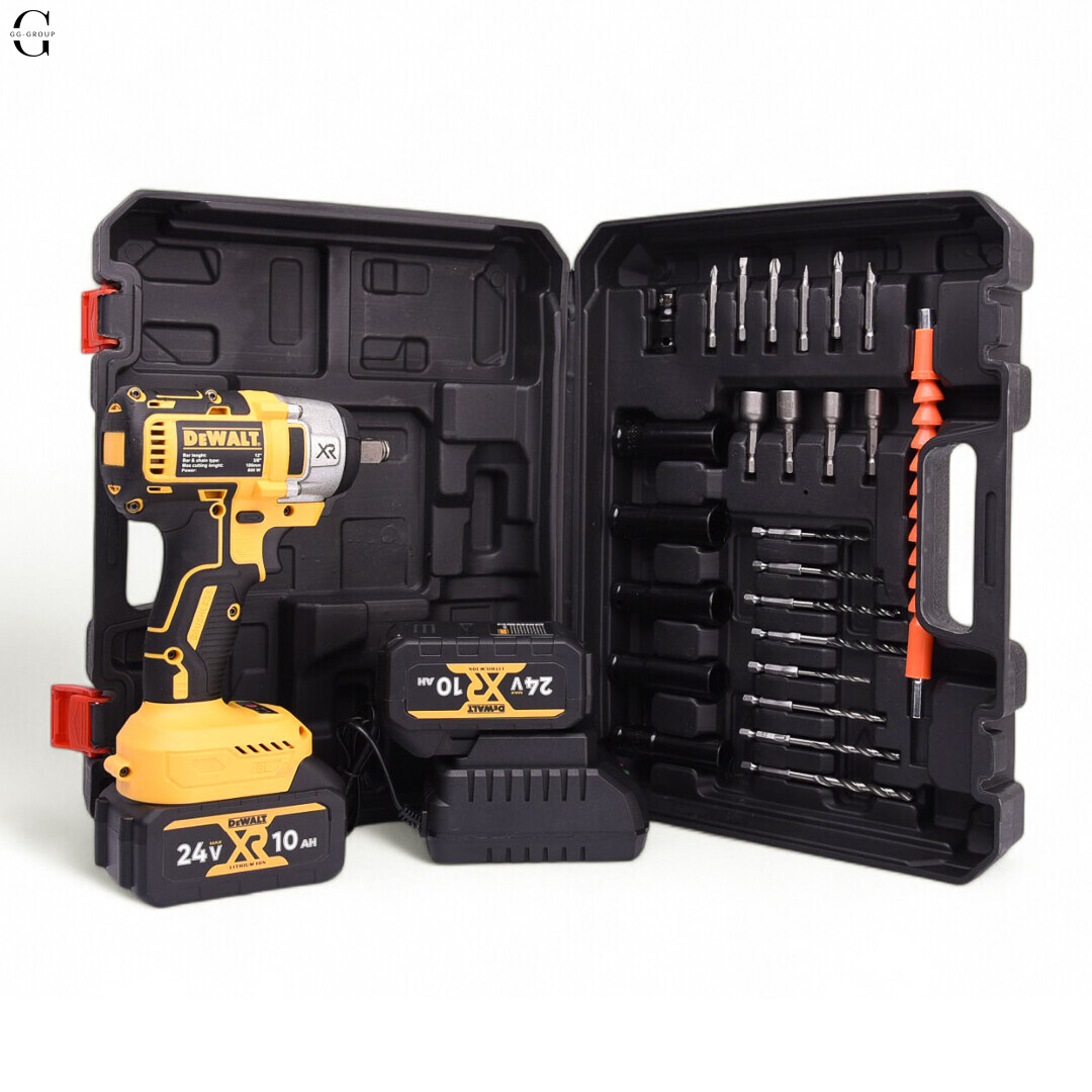 DeWALT гайковерт акумуляторний 24V безщітковий з кейсом, 2×10Ah акумуляторами та набором насадок