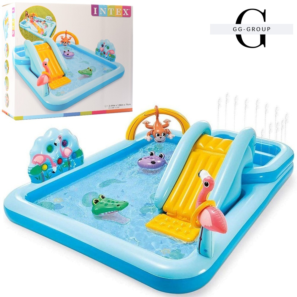 Intex Игровой центр 57161 NP (2) “Приключения в джунглях“, 3 года, горка, кольца и шарики, размер 257х216х84см